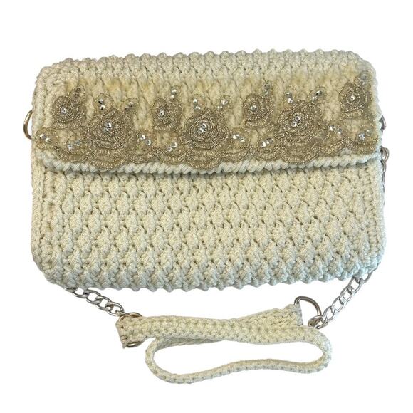 VTG Jessica Bigucci Ivory Macrame Beaded Crossbody Purse Flap Closure Italy NEW - Picture 1 of 7